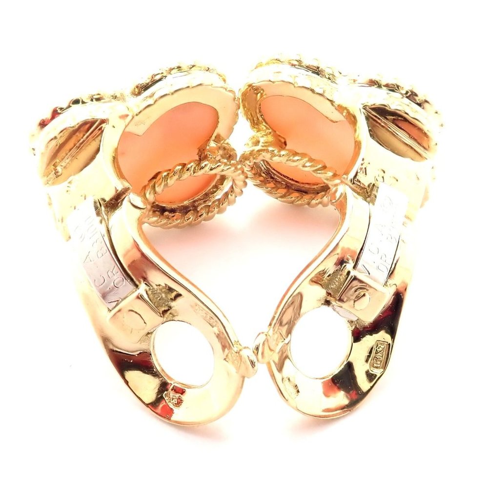 Van Cleef & Arpels Vintage Alhambra 18k Yellow Gold Angel Skin Coral Earrings - Picture 10 of 12